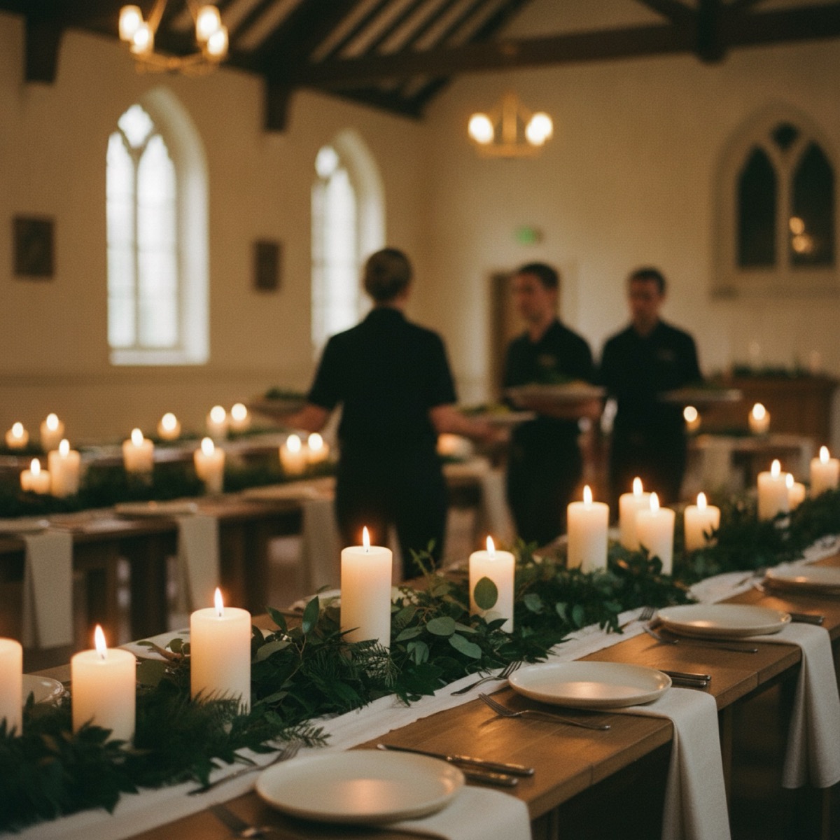 A candlelit community dinner in a parish hall