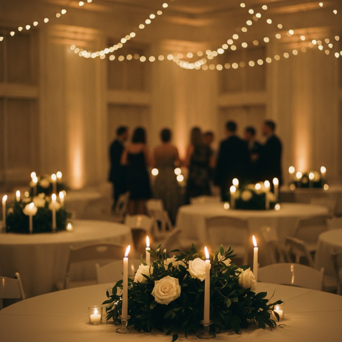 A school gala hall with string lights and candlelit round tables